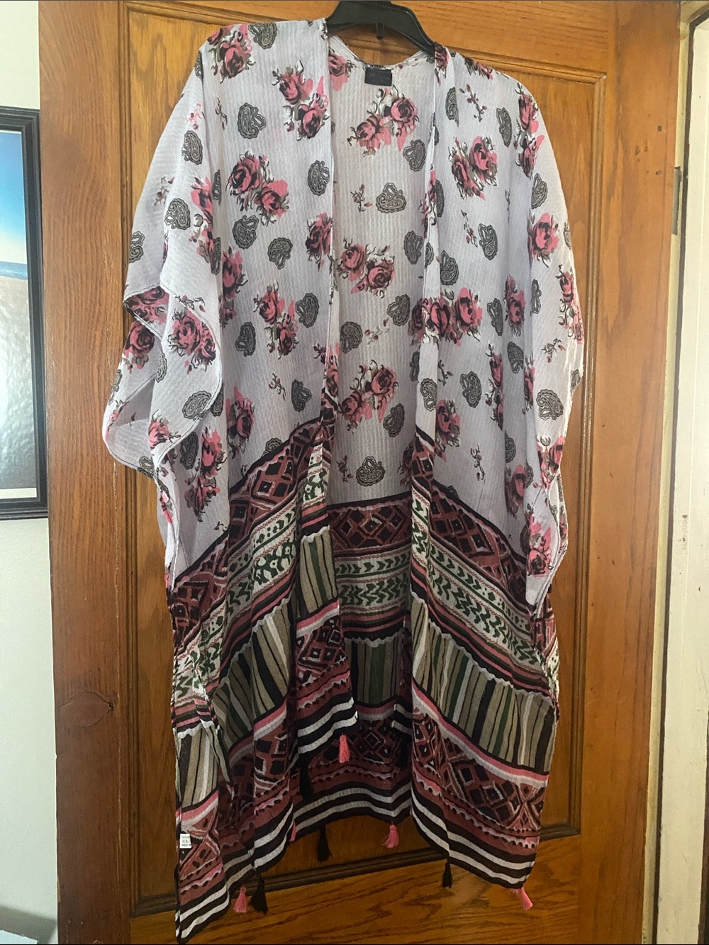Floral Border Open Front Kimono Jacket - Pink